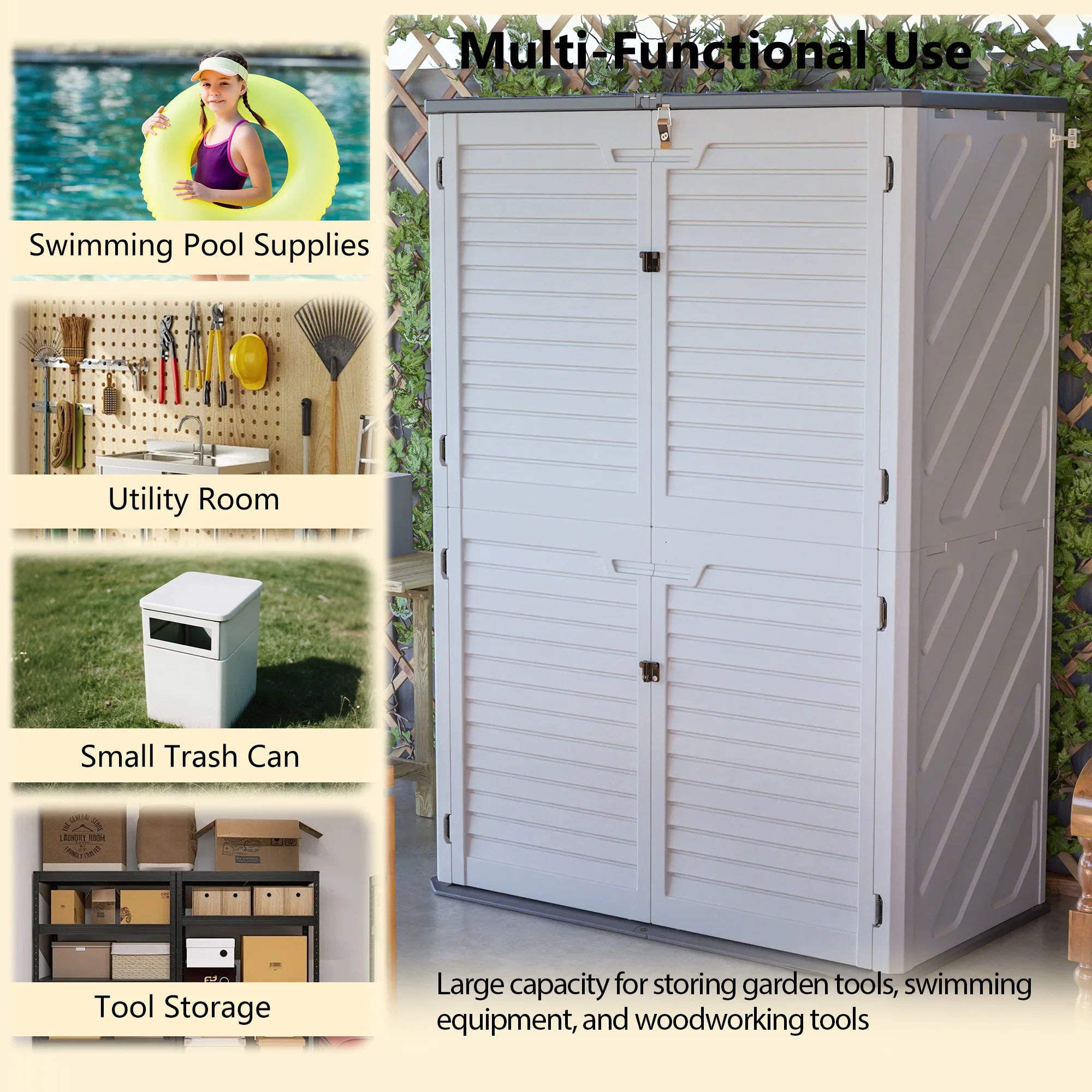 AECOJOY 61.6 Cu.ft Outdoor Resin Storage Shed with Easy Lift Hinges, Weatherproof Tall Unit with 4 Doors