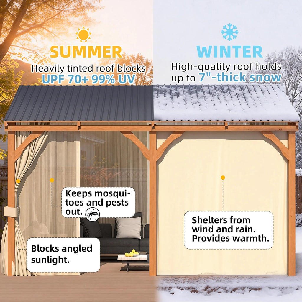 AECOJOY 14x10 Outdoor Wooden Pergola Gazebo with Curtains and Netting for Patio